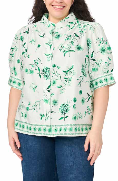 Floral Band Collar Placket Button-Up Shirt