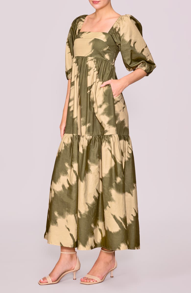 MELLODAY Square Neck Puff Sleeve Tiered Dress, Alternate, color, Olive Marble