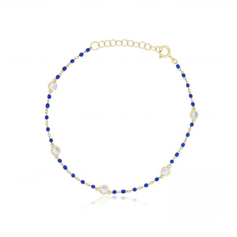 Dark Blue Enamel Bead CZ Chain Bracelet