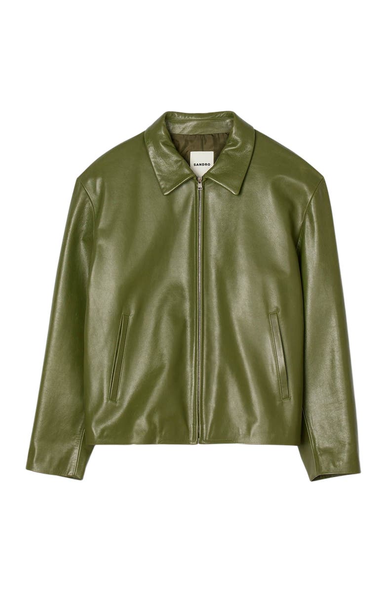 SANDRO Zip-up wing collar leather jacket, Alternate, color, Lime