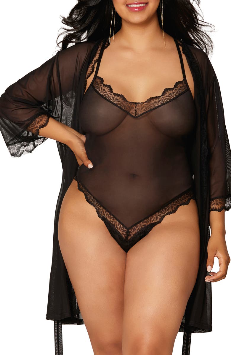 Dreamgirl Mesh Teddy & Robe Set, Alternate, color, 