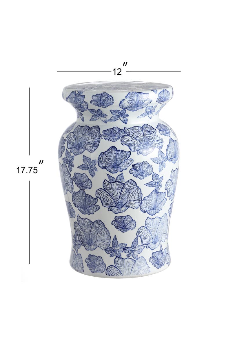 Poppies Traditional Floral Chinoiserie Ceramic Drum Garden Stool, Pierced Indoor/Outdoor Patio Seat & Side Table, Alternate, color, White/Blue