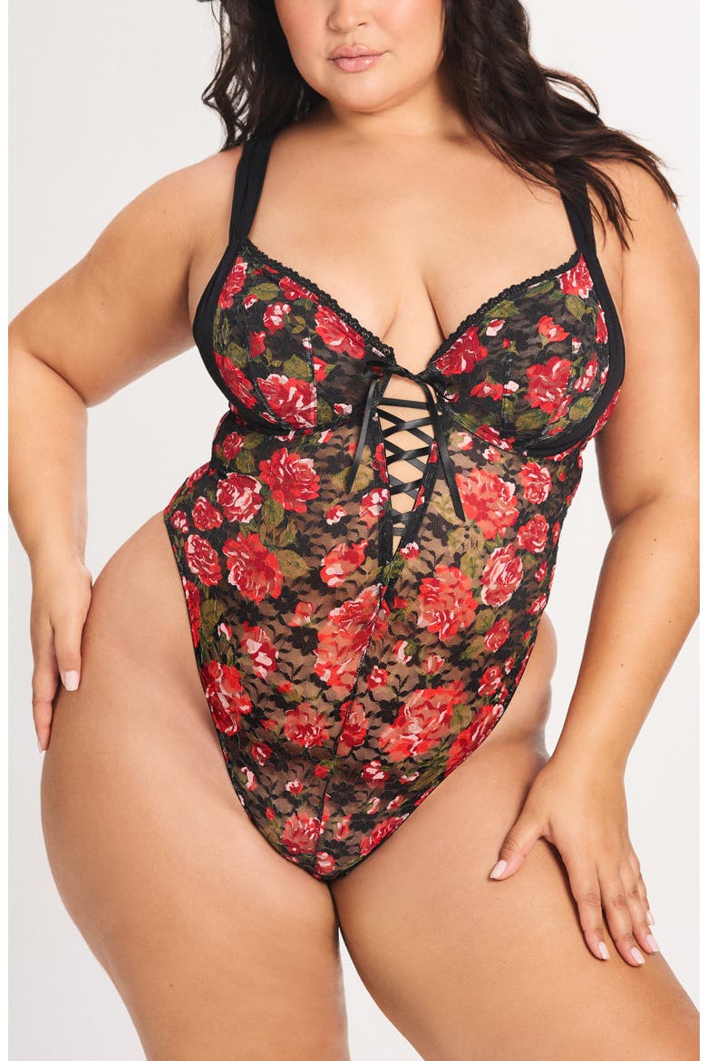 Sinful Rose Lace Teddy, Alternate, color, BLACK CAVIAR ROSY PASSIONS