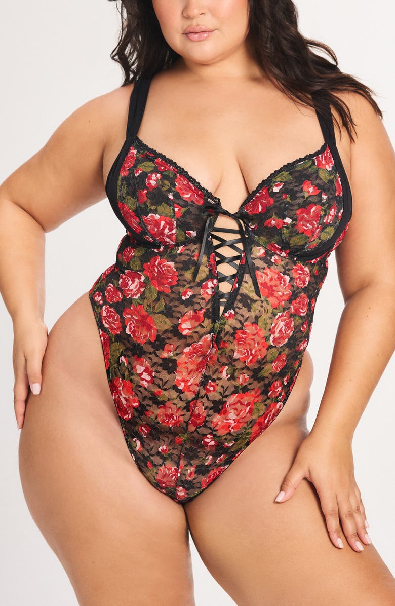 SAVAGE X FENTY Sinful Rose Lace Teddy, Alternate, color, Black Caviar Rosy Passions