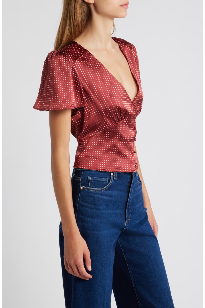Miso Polka Dot Crop Button Front Silk Top, Alternate, color, OXBLDTRAVT