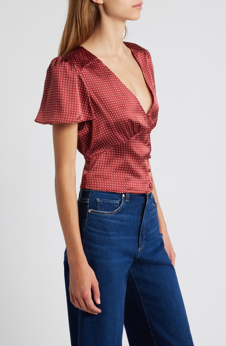 PAIGE Miso Polka Dot Crop Button Front Silk Top, Alternate, color, Oxblood/ Travertine