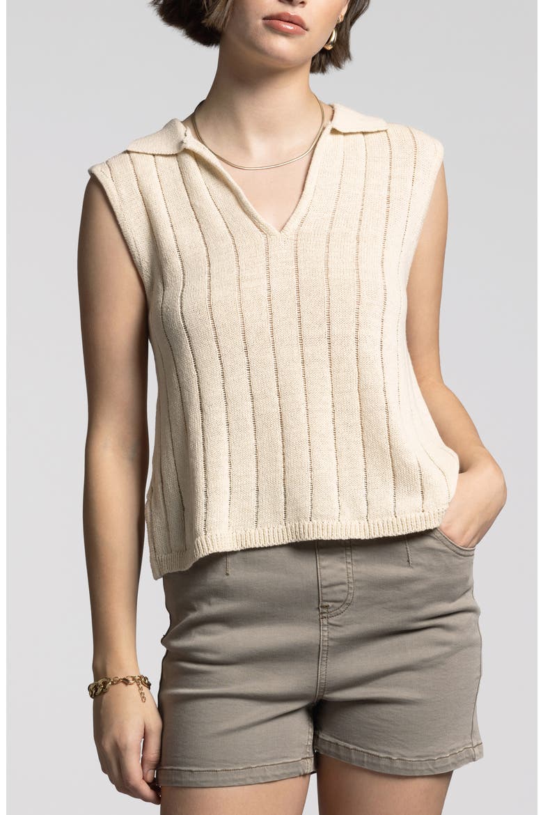 Gia Collared Linen & Cotton Sweater Vest, Main, color, BONE