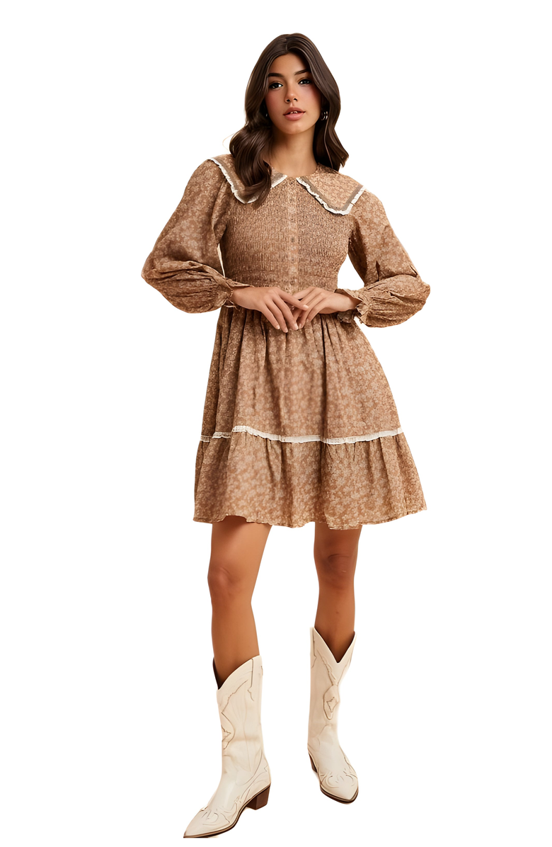 Knit and Lounge Floral Shirred Mini Dress with Lace Trim & Peter Pan Collar, Alternate, color, Brown Floral