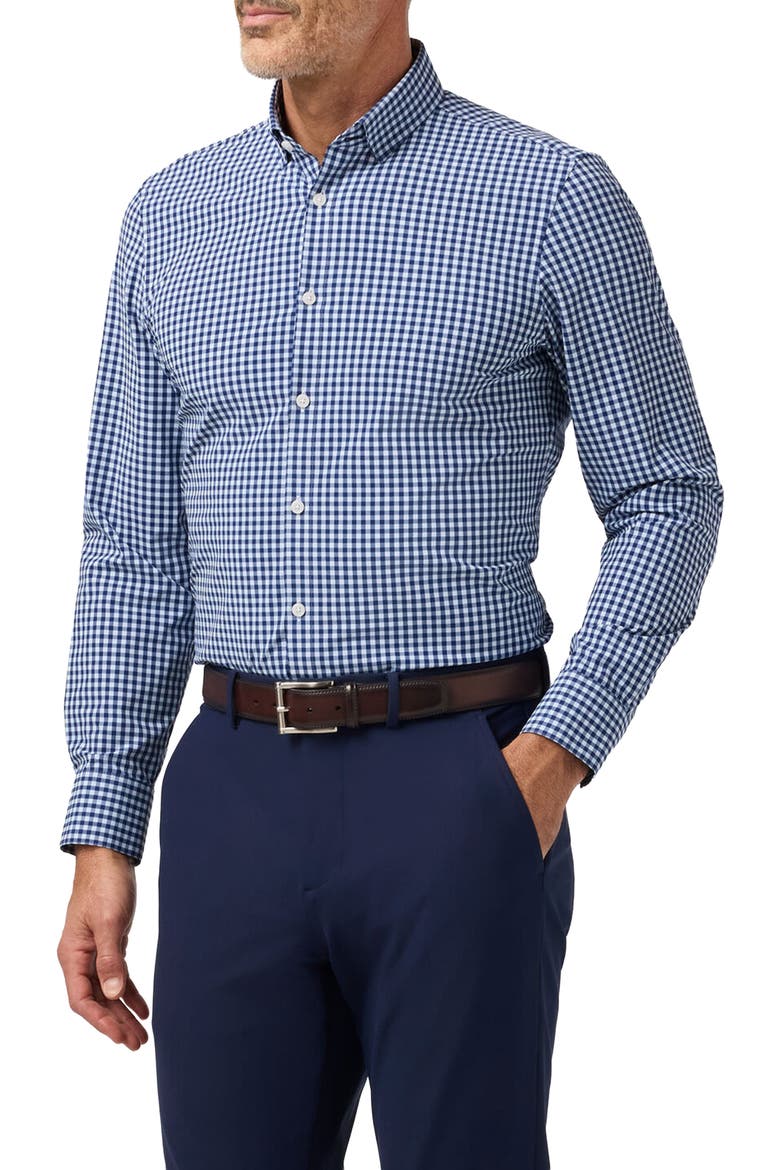Leeward Trim Fit Navy Crew Gingham Button-Up Shirt, Main, color, MIDNIGHT NAVY CREW GINGHAM