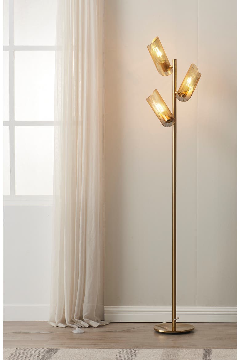 Lyra 71" Mid-Century Modern LED Floor Lamp with Metal Cylinder Shades, Alternate, color, Antique Brass