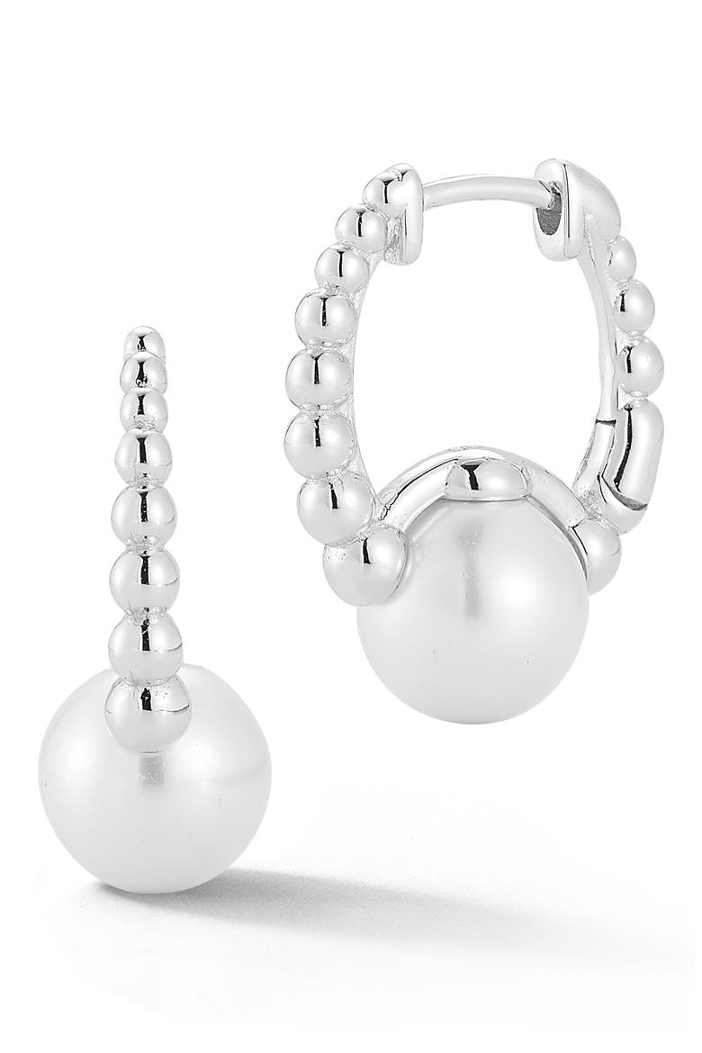 Cultured Pearl Huggie Hoop Earrings, Main, color, SILVER
