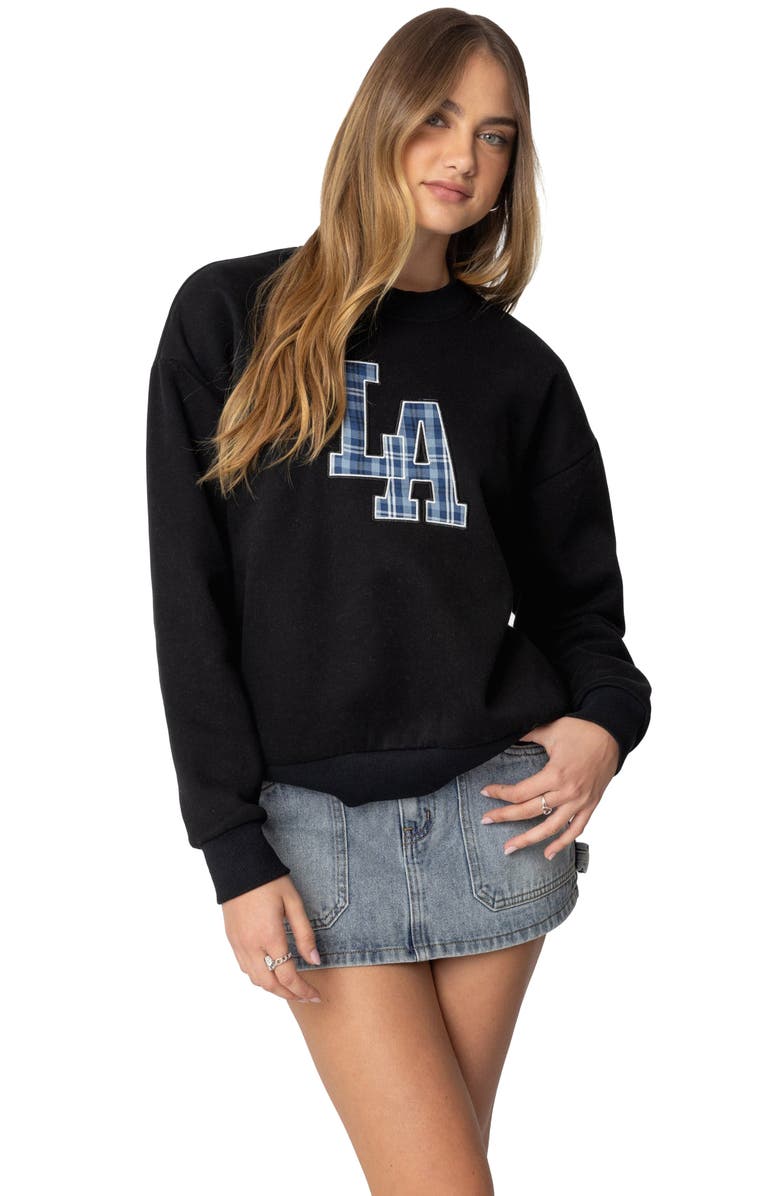 EDIKTED L.A. Appliqué Graphic Sweatshirt, Alternate, color, Black