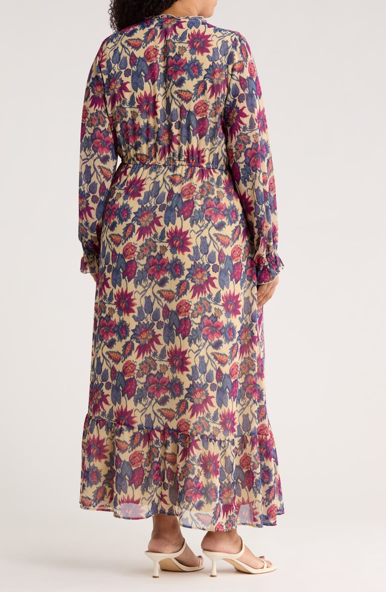 Melrose and Market Floral Long Sleeve Ruffle Chiffon Maxi Dress, Alternate, color, Tan- Green Floral Streak