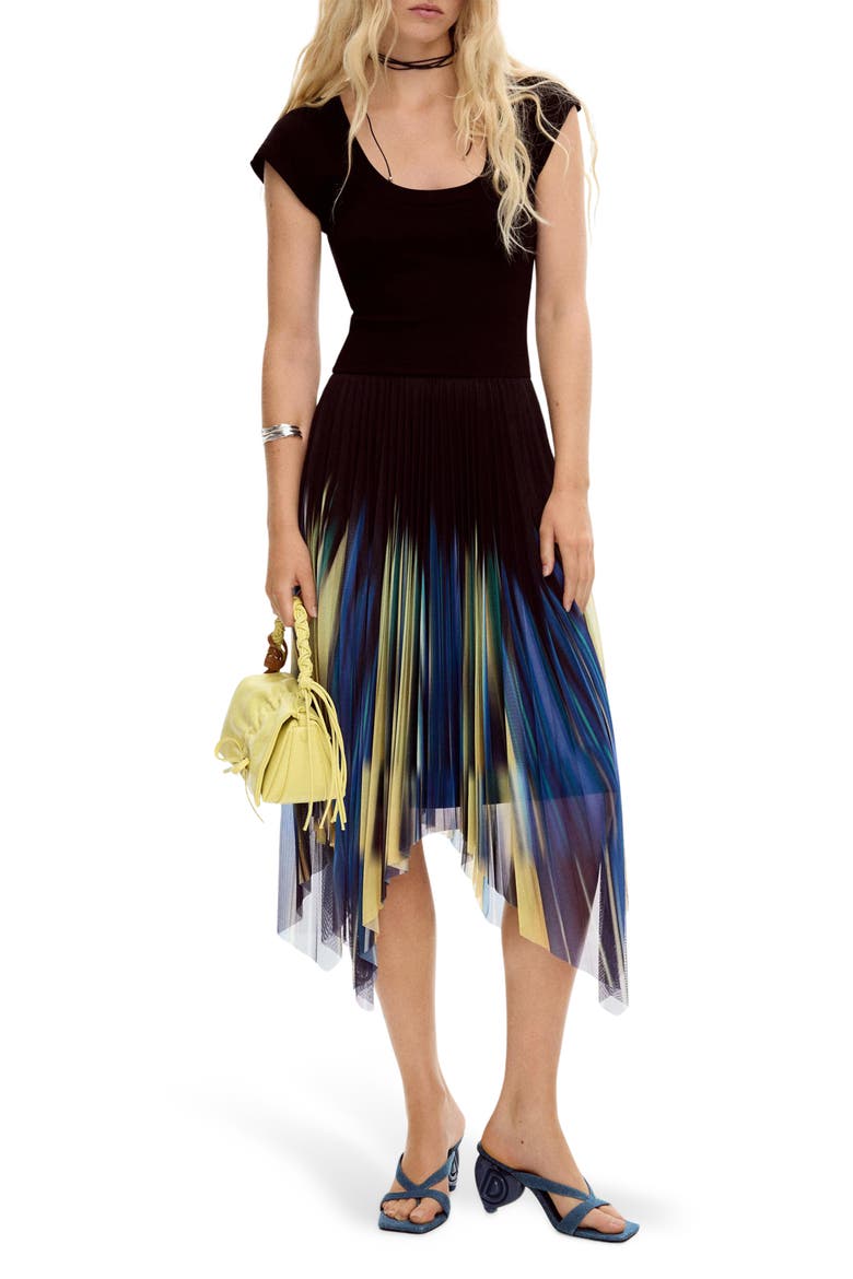 Pleated Handkerchief Hem Dress, Main, color, NAVY BLUE