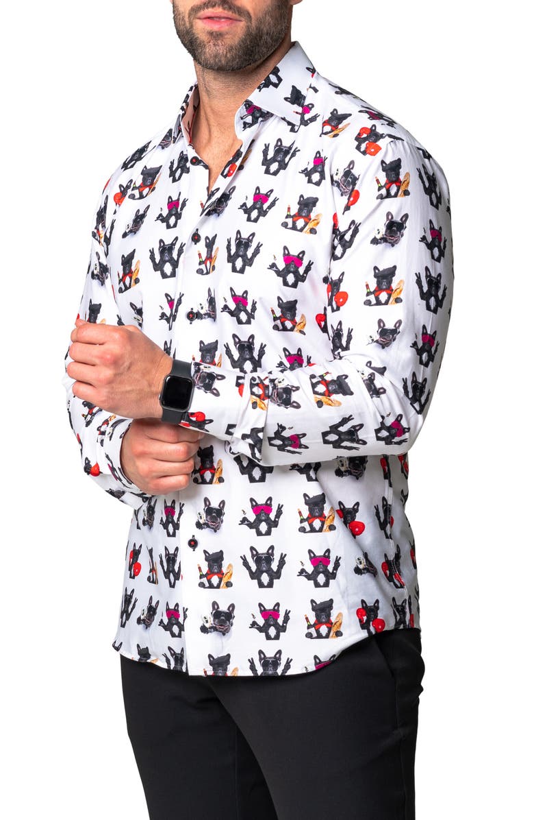 Maceoo Fibonacci Dog French Regular Fit Cotton Blend Button-Up Shirt, Alternate, color, White