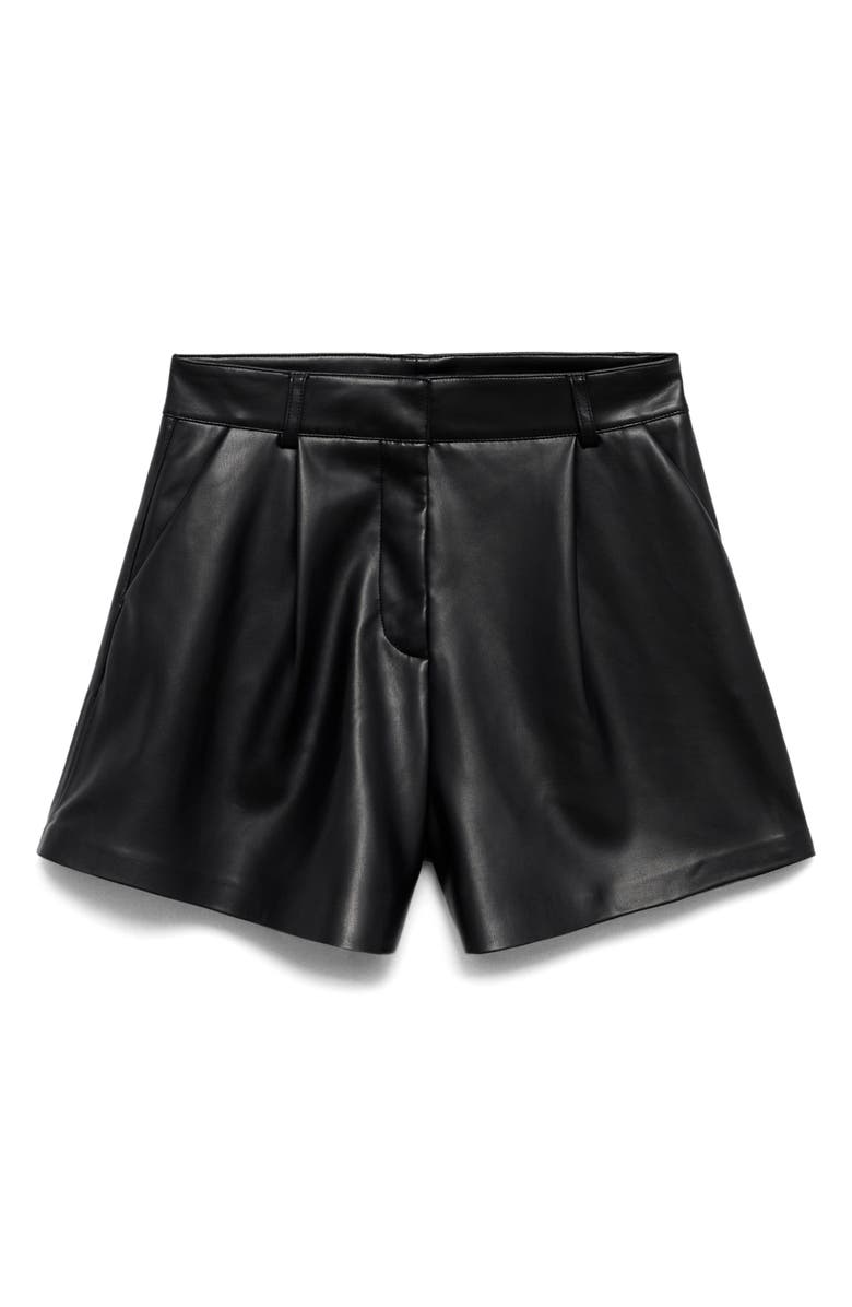MANGO Pleat Front Faux Leather Shorts, Main, color, Black