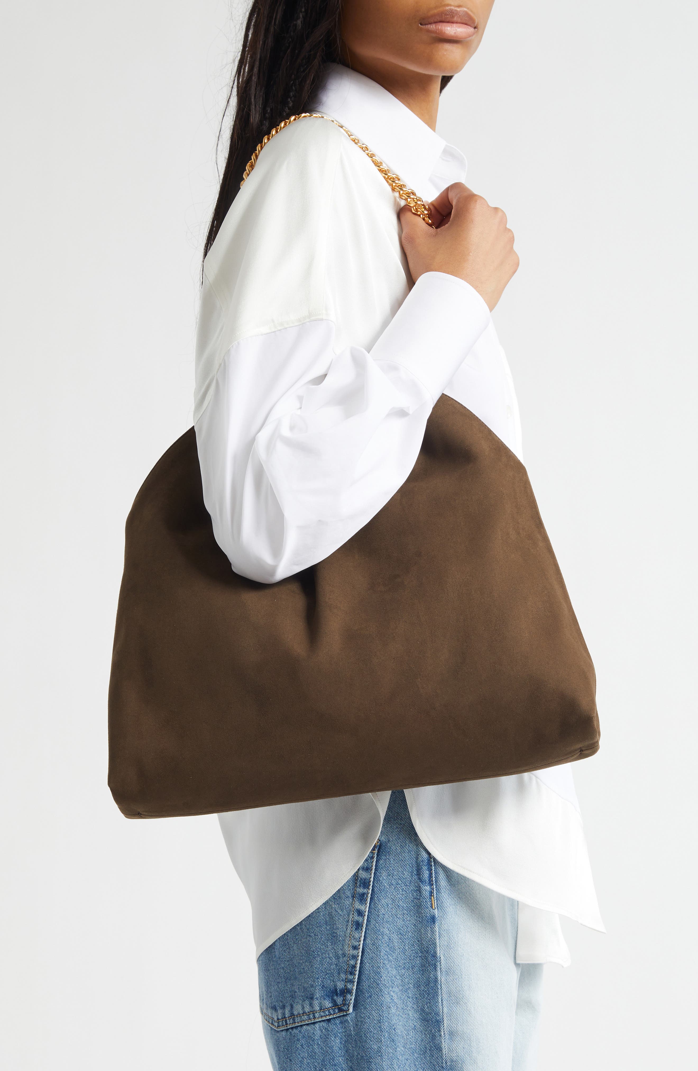 Stella McCartney Medium Falabella Faux Suede Drawstring Tote, Alternate, color, Moka