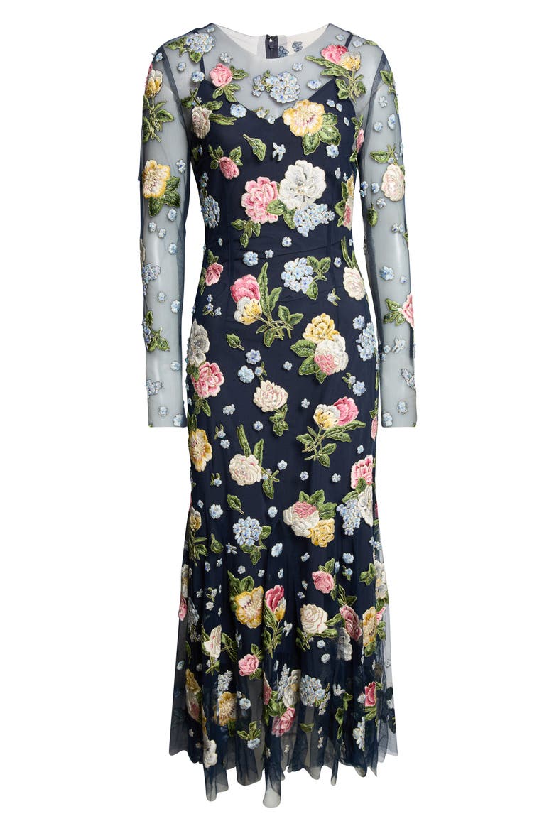 Floral Embroidered Sheer Long Sleeve Midi Dress, Alternate, color, MIDNIGHT