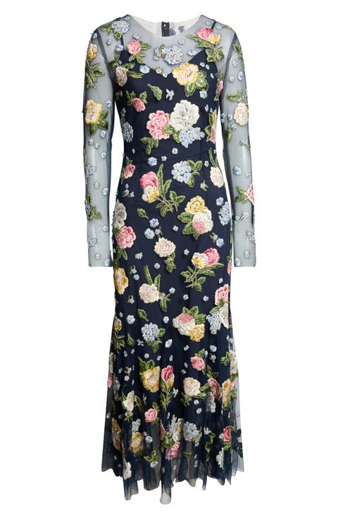 Floral Embroidered Sheer Long Sleeve Midi Dress