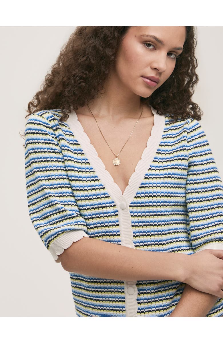 Finery London Willa Short Sleeve Striped Cardigan, Alternate, color, Blue Stripe