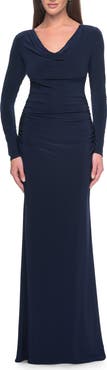 La Femme Long Jersey Evening Dress with Draped Neckline