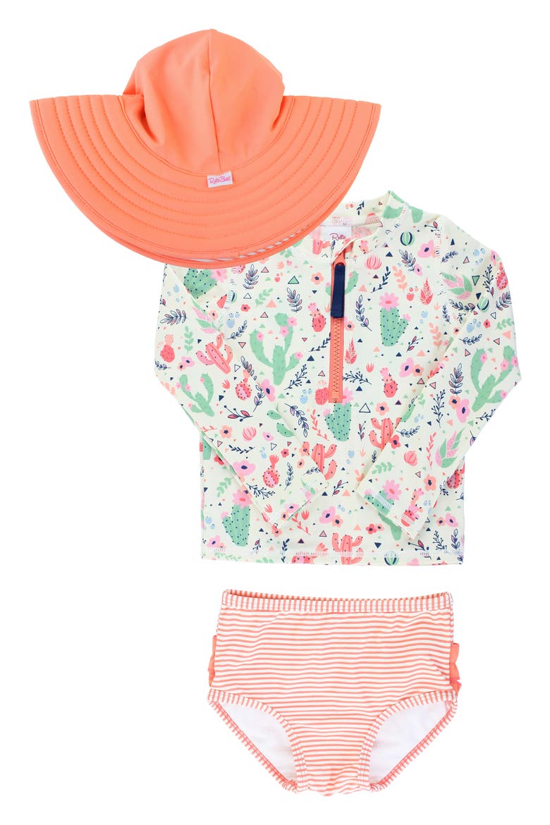 Desert Blossoms Two-Piece Rashguard Swimsuit & Floppy Hat Set, Main, color, WHITE