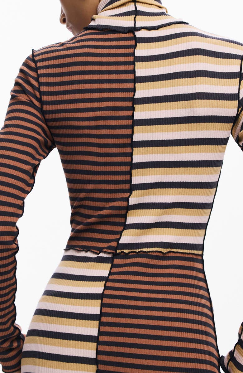 Desigual Colorblock Stripe Rib Turtleneck Long Sleeve Dress, Alternate, color, Brown