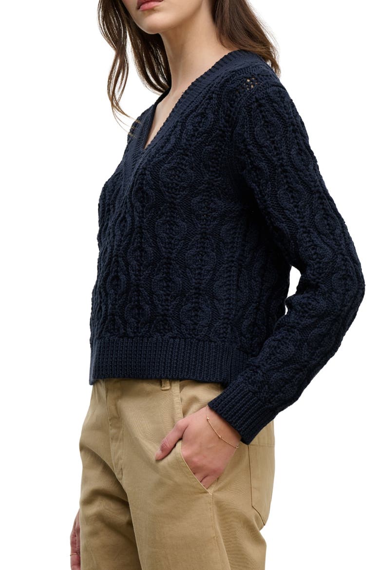 Joyce Cable Knit V-Neck Sweater, Alternate, color, NAVY