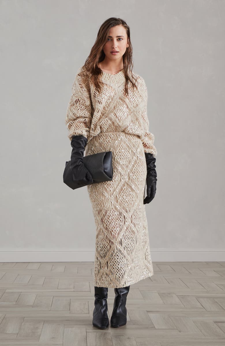 Brunello Cucinelli Wool and alpaca knit skirt with dazzling macro argyle embroidery, Alternate, color, 