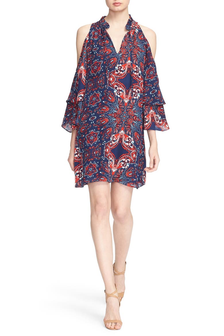 'Anastasia' Cold Shoulder Paisley Silk Shift Dress, Alternate, color, BANDANA