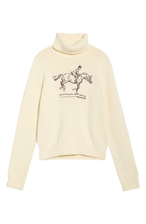 Horse Embroidered Cotton Turtleneck Sweater