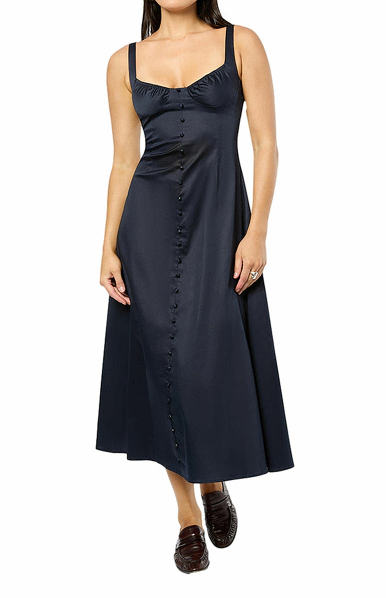 WeWoreWhat Ruched Cup Button Midi Dress, Alternate, color, Navy
