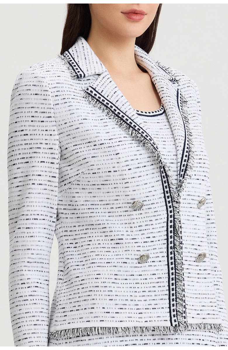 Ming Wang Heritage Eyelash Trim Lapel Collar Knit Jacket, Alternate, color, White/Indigo