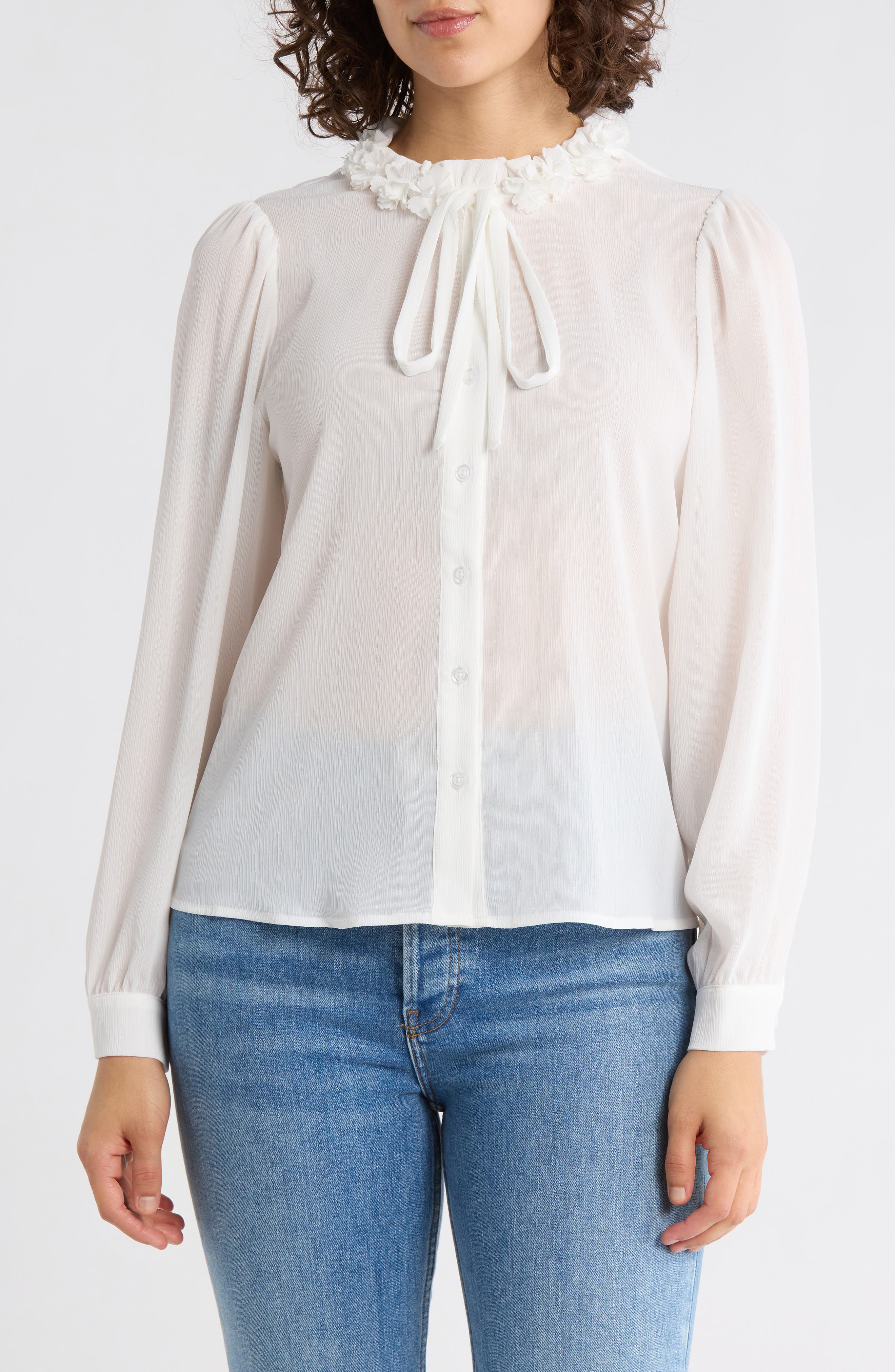 Adrianna Papell Flower Tie Neck Button-Up Shirt