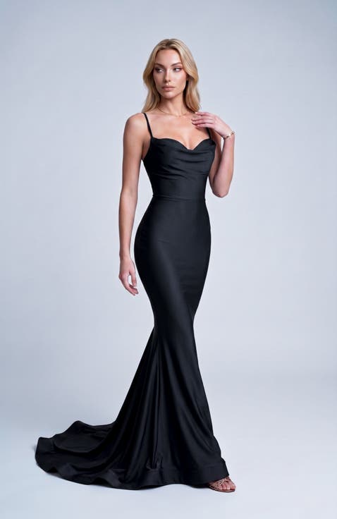 Cowl Neck Lace-Up Open Back Mermaid Gown