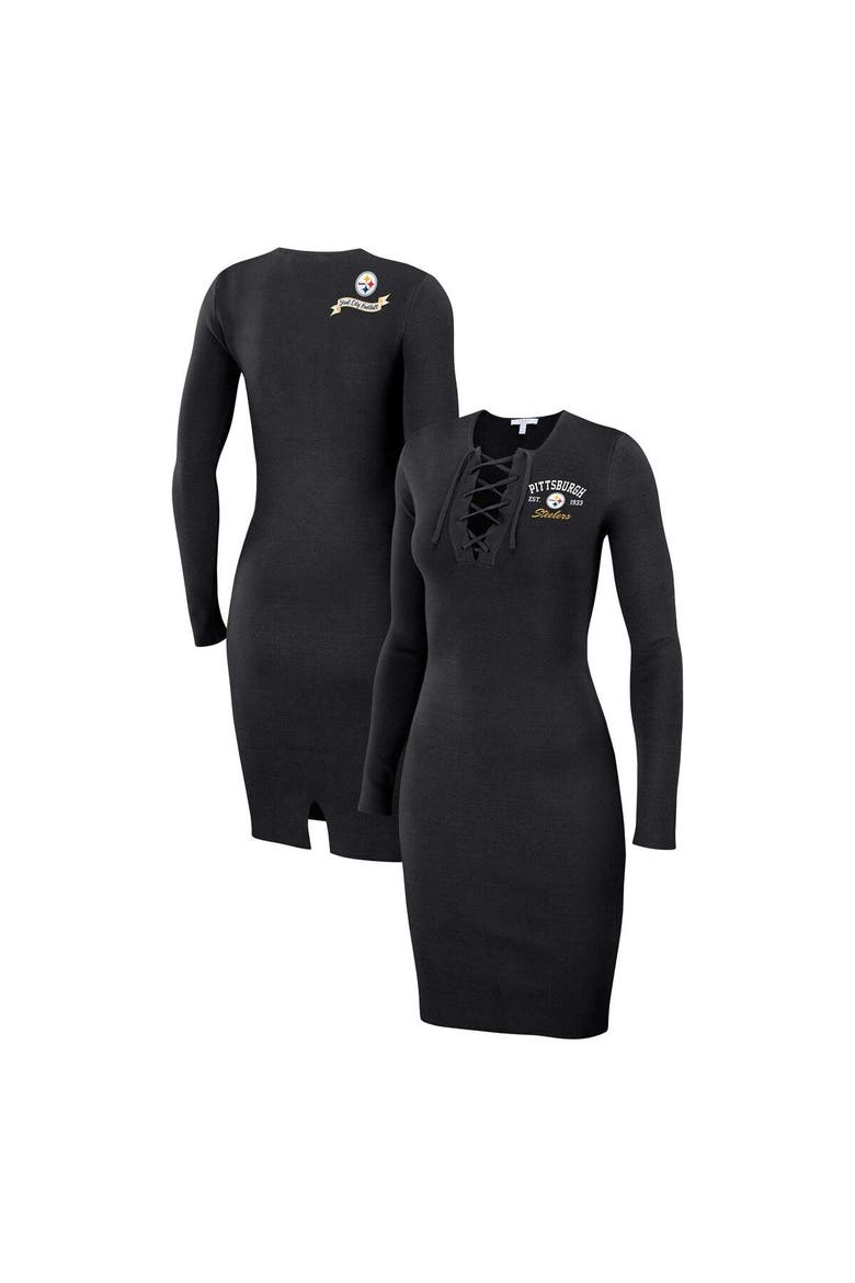Women's WEAR by Erin Andrews Black Pittsburgh Steelers Lace Up Long Sleeve Dress, Main, color, Black