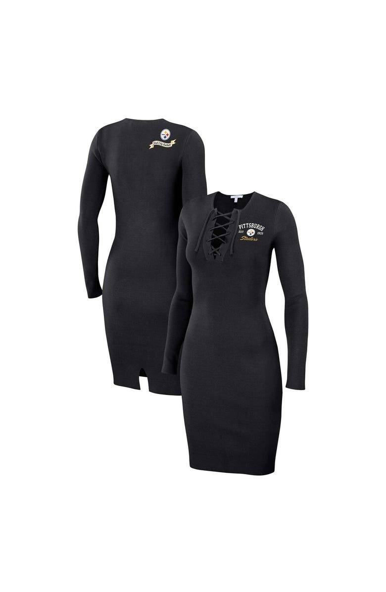 WEAR by Erin Andrews Women's WEAR by Erin Andrews Black Pittsburgh Steelers Lace Up Long Sleeve Dress, Main, color,