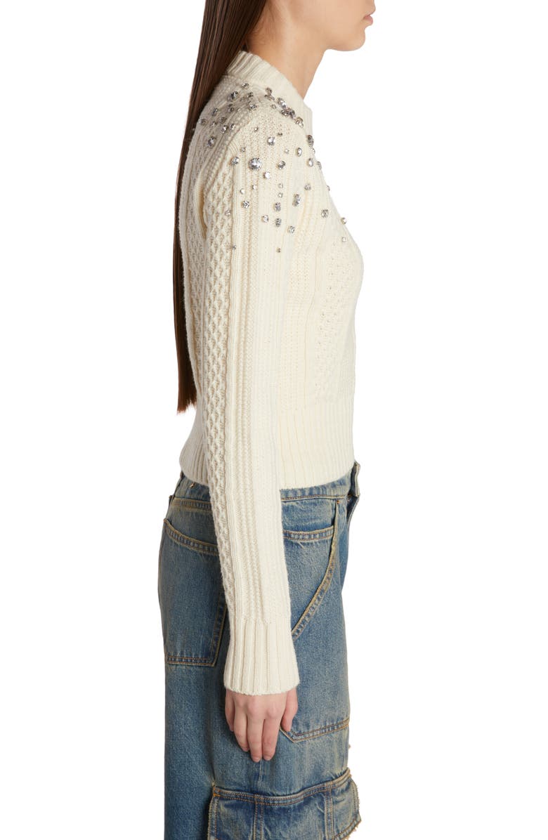 Golden Goose Crystal Embellished Virgin Wool Cable Knit Crewneck Sweater, Alternate, color, Lambs Wool