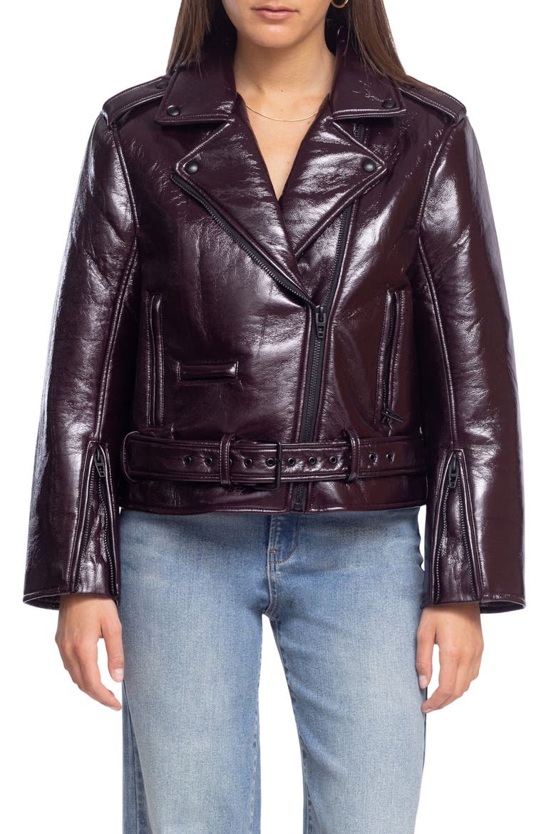 Shiny Crinkle Faux Leather Moto Jacket, Alternate, color, CHERRY PICKED