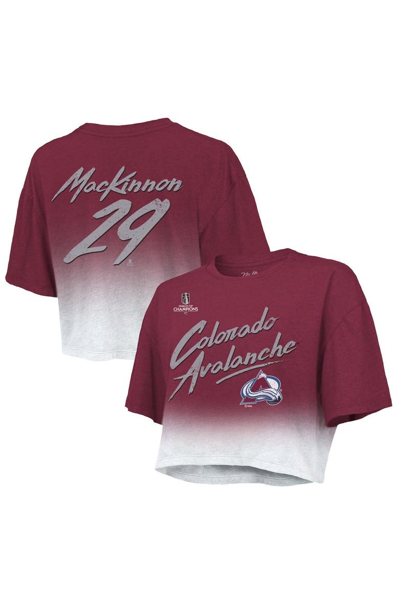 Majestic Threads Women's Majestic Threads Nathan MacKinnon Burgundy Colorado Avalanche 2022 Stanley Cup Champions Dip Dye Boxy Crop T-Shirt, Main, color,