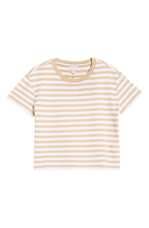 Drop Shoulder Short Sleeve Stripe Cotton Tee