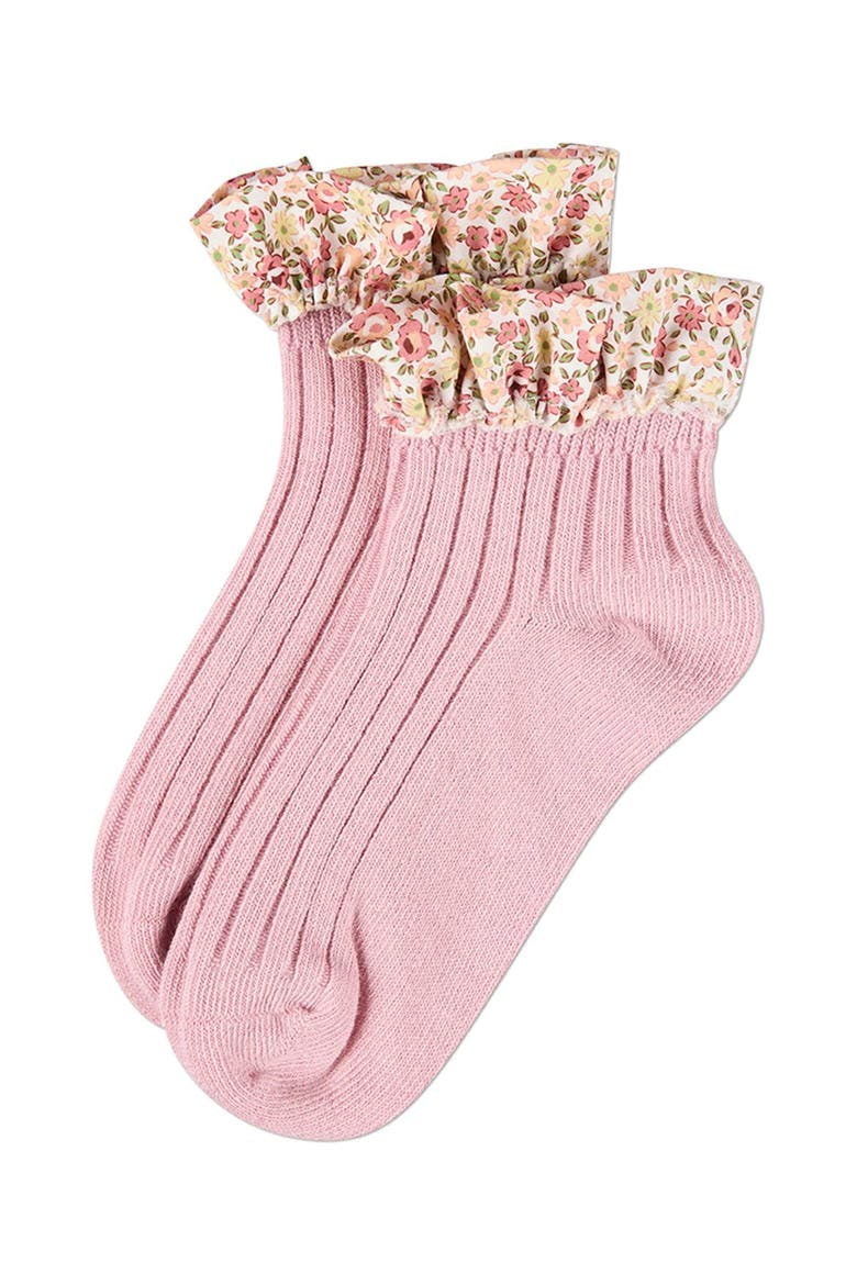 Ribbed  Floral Ruffle-Trimmed Ankle Sock, Alternate, color, Blush