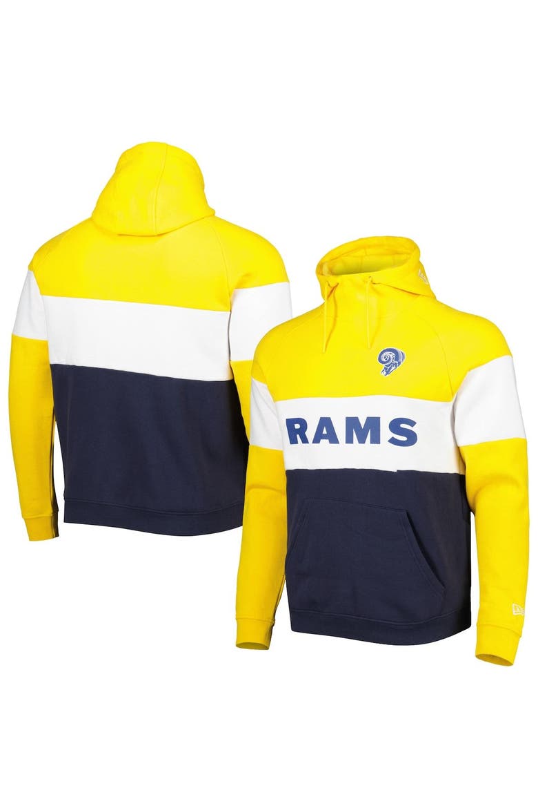 Men's New Era Navy/Gold Los Angeles Rams Colorblock Throwback Pullover Hoodie, Main, color, Navy
