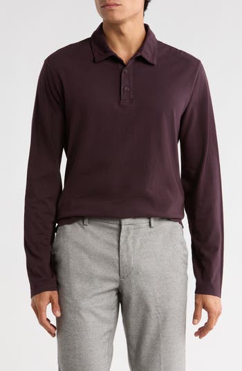 Vince Cotton Long Sleeve Polo In Burgundy