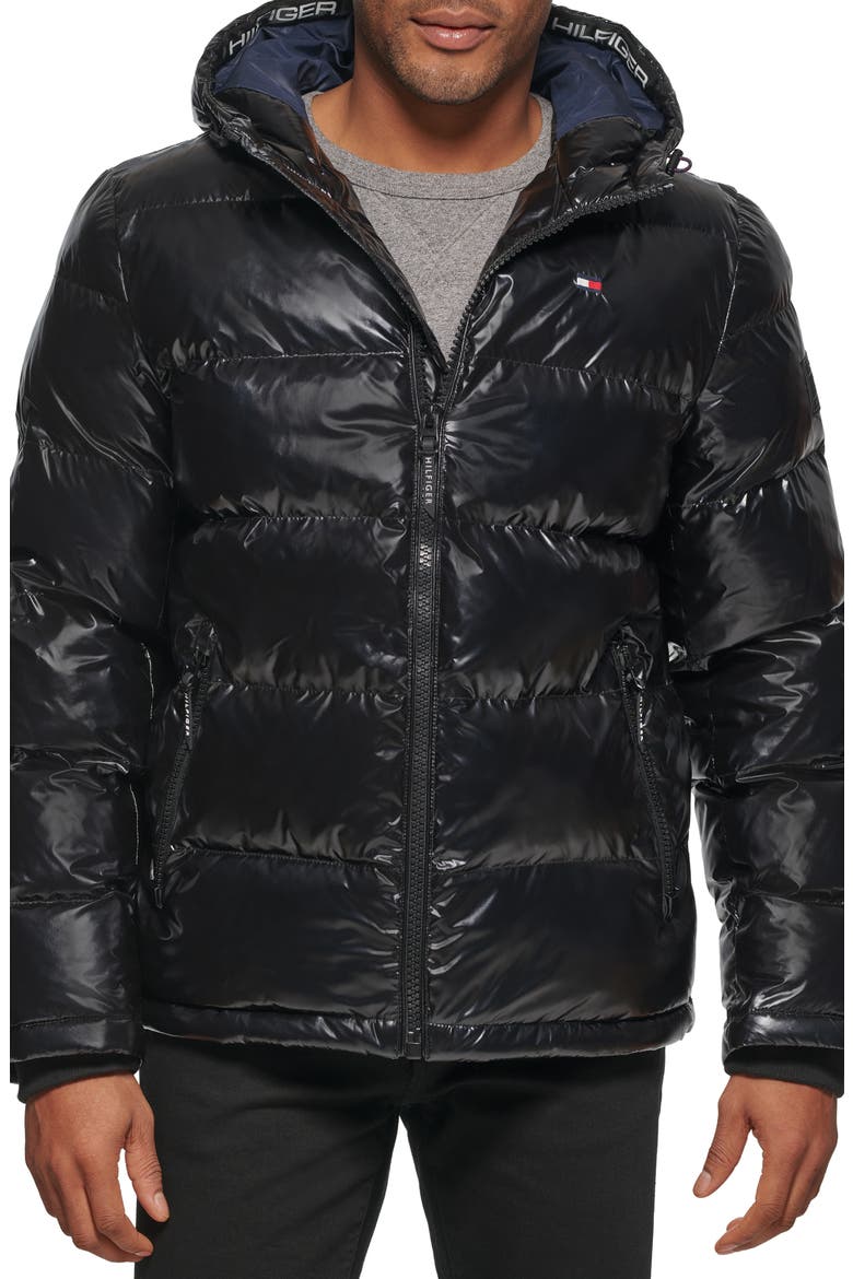 Quilted Puffer Hooded Mid Length Jacket, Main, color, BLACK