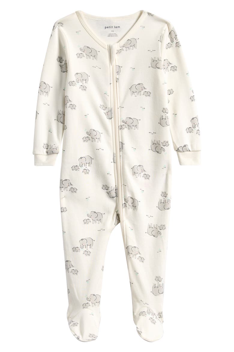 Elephant Print Cotton Footed Sleeper, Main, color, OFF WHITE