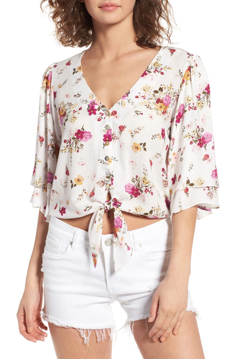 Sun & Shadow Floral Tie Hem Crop Top, Main, color, Ivory Egret Tropical Floral