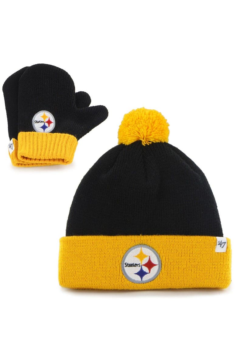 '47 Toddler '47 Black/Gold Pittsburgh Steelers Bam Bam Cuffed Knit Hat with Pom and Mittens Set, Main, color, Black