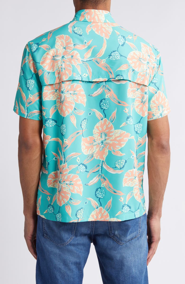Faherty Shorelite Air Short Sleeve Performance Button-Up Shirt, Alternate, color, Teal Geranium Floral