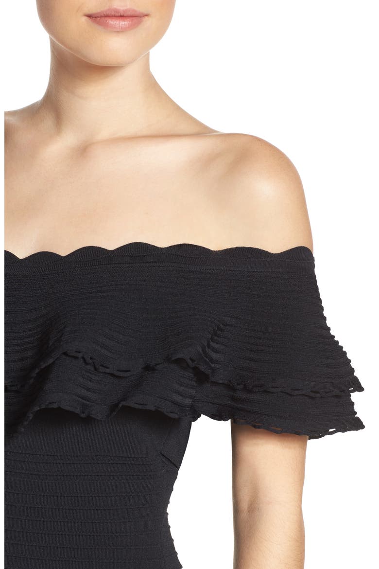 Off the Shoulder Ruffle Sheath Dress, Alternate, color, BLACK